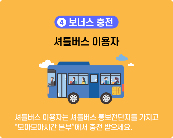 4. 보너스충전 : KT홍보문자를 받았거나, 셔틀버스 이용자는 해당 문자와 셔틀버스 홍보 전단지를 가지고 “종합안내소”에서 충전 받으세요